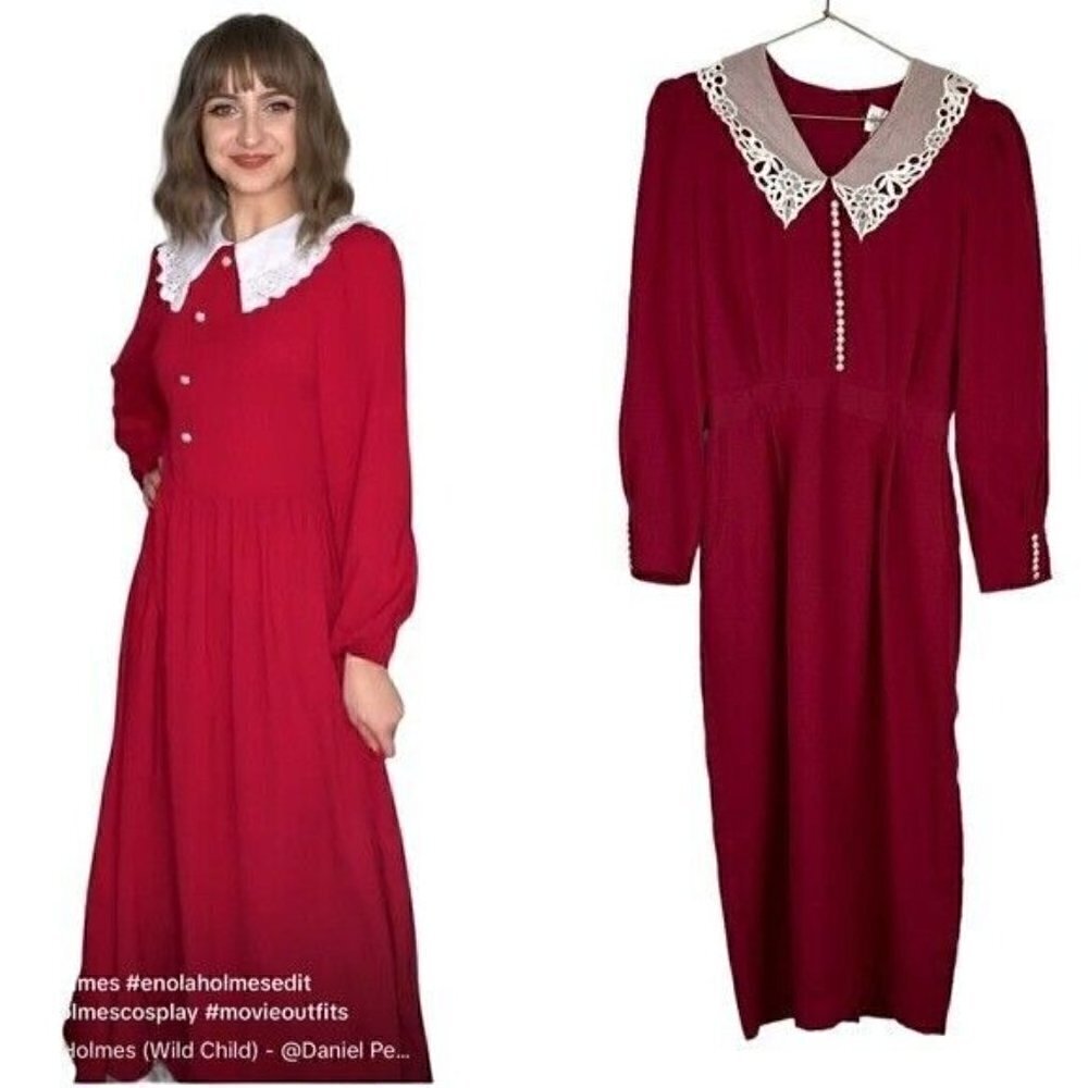 Vintage Farmhouse Lace Collar Red Cottagecore 80sParty Dress Size Small